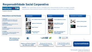 TIM Participações – Relação com Investidores
Apresentação Institucional
1. Educação
Toda criança e jovem tem direito a uma
educação em ciência e em matemática.
2. Aplicações
Inovações tecnológicas devem server ao
desenvolvimento humano
3. Trabalho
Inovações tecnológicas são a base de uma nova
forma de trabalho.
4. Inclusão
As pessoas têm o direito de aprender sobre
novas tecnologias de informação de
comunicação.
Fundado em Julho,2013
MISSÃO: Criar e potencializar recursos e estratégias para a democratização da ciência, tecnologia e inovação,
que promovam o desenvolvimento humano no Brasil, tendo a tecnologia móvel entre os principais habilitadores.
Aplicações
ZUP – Zeladoria Urbana Participativa
Agentes da Transformação
Mapas Culturais
Busca Ativa Escolar
TIM + Unicef
Ensino
Círculo da Matemática do Brasil
Apoio a Museus e Centros
de Ciência e Tecnologia
TIM Faz Ciência
TIM + Olimpiada Brasileira de
Matemática das Escolas
Públicas (OBMEP)
Inclusão & Trabalho
Academic Working Capital
TIM Tec: Plataforma MOOC
PRINCÍPIOS E ESTRATÉGIAS
TIM se destaca em
Sustentabilidade
 