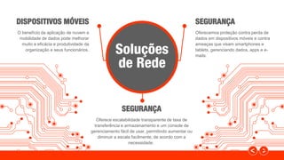 Soluções
de Rede
DISPOSITIVOS MÓVEIS SEGURANÇA
Oferecemos proteção contra perda de
dados em dispositivos móveis e contra
ameaças que visam smartphones e
tablets, gerenciando dados, apps e e-
mails.
O benefício da aplicação de nuvem e
mobilidade de dados pode melhorar
muito a eficácia e produtividade da
organização e seus funcionários.
SEGURANÇA
Oferece escalabilidade transparente de taxa de
transferência e armazenamento e um console de
gerenciamento fácil de usar, permitindo aumentar ou
diminuir a escala facilmente, de acordo com a
necessidade.
 