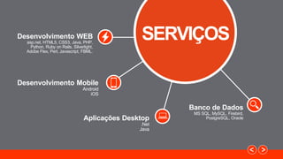 Desenvolvimento WEB
asp.net, HTML5, CSS3, Java, PHP,
Python, Ruby on Rails, Silverlight,
Adobe Flex, Perl, Javascript, FBML.
SERVIÇOS
Desenvolvimento Mobile
Android
iOS
Aplicações Desktop
.Net
Java
Banco de Dados
MS SQL, MySQL, Firebird,
PostgreSQL, Oracle
 