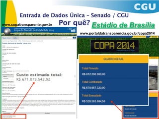 Entrada de Dados Única – Senado / CGU
www.copatransparente.gov.br   Por quê? Estádio de Brasília
                                    www.portaldatransparencia.gov.br/copa2014
 