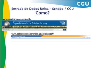 Entrada de Dados Única – Senado / CGU
                               Como?
www.copatransparente.gov.br




        www.portaldatransparencia.gov.br/copa2014
 
