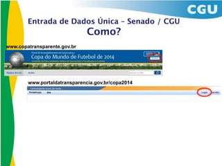 Entrada de Dados Única – Senado / CGU
                               Como?
www.copatransparente.gov.br




        www.portaldatransparencia.gov.br/copa2014
 