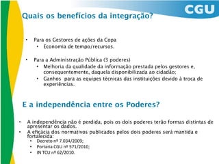 Quais os benefícios da integração?


    •   Para os Gestores de ações da Copa
         • Economia de tempo/recursos.

    •   Para a Administração Pública (3 poderes)
         • Melhoria da qualidade da informação prestada pelos gestores e,
            consequentemente, daquela disponibilizada ao cidadão;
         • Ganhos para as equipes técnicas das instituições devido à troca de
            experiências.



    E a independência entre os Poderes?

•    A independência não é perdida, pois os dois poderes terão formas distintas de
     apresentar os dados.
•    A eﬁcácia dos normativos publicados pelos dois poderes será mantida e
     fortalecida:
      • Decreto	
  nº	
  7.034/2009;
      • Portaria	
  CGU	
  nº	
  571/2010;
      • IN	
  TCU	
  nº	
  62/2010.	
  
 
