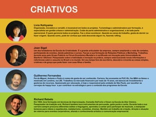 CRIATIVOS
Lívia Kohiyama
Organizada, inovadora e versátil, é incansável em todos os projetos. Turismóloga e administradora por formação, é
especialista em gestão urbana e administração. Cuida da parte administrativa e organizacional, e de toda parte
operacional. É quem gerencia todos os projetos. Faz o show acontecer. Quando se cansa do trabalho, gosta de dormir ou
fazer origami. Quando some, pode ter certeza que está descendo algum rio, fazendo rafting.
Jean Sigel
Um dos fundadores da Escola de Criatividade. É o grande articulador da empresa, sempre ampliando a rede de contatos,
participando de eventos, dando palestras e cursos. Faz jus a sua formação de Relações Públicas e Marketing. Trabalhou
durante anos pelo Grupo Publicis no Fórum Econômico Mundial e é certificado em inovação pela Universidade de
Stanford / DSchool. Pesquisador sobre criatividade e inovação na prática, sempre está buscando novas informações e
referências sobre o assunto no Brasil e no mundo. Em seu tempo fora do escritório, descobre e inventa as coisas simples,
criativas e de graça que pode fazer com suas filhas e família.
Guilherme Fernandes
Pai do Miguel, Antonio e Pedro é como ele gosta de ser conhecido. Carioca, fez economia na PUC-RJ, fez MBA no Ibmec e
mestrado em Londres, na LSE. Trabalhou no mercado financeiro por mais de 15 anos, em bancos de investimento e
gestoras de recursos. Apaixonado por educação, é hoje o responsável pela unidade de São Paulo, por escolher as
cervejas do happy hour e por contribuir na estratégia e para o conteúdo dos programas da Escola.
Richard Rebelo
Em 1994, teve formação em técnicas de Improvisação, Comedia Dell’arte e Clown na Escola do Ator Cômico.
Pesquisador da tradição oral, Richard também toca instrumentos de percussão, gaita ponto e canta. Durante toda a sua
carreira sempre procurou diferentes estilos e linguagens, aprendeu a cantar para participar de musicais, a manipular
bonecos para vídeos e espetáculos, malabarismo, comédias, dramas. Mantém um trabalho de criação, direção e atuação
de roteiros para eventos corporativos, aliando o conhecimento artístico a comunicação empresarial.
 