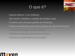 O que é?
- Apache Maven: é um software;
- Seu intuito é facilitar a criação de projetos Java;
- Fornece uma estrutura padrão de diretórios;
- Fornece orientações para boas práticas de desenvolvimento;
- Fornece informações sobre o projeto;
- Permite a migração para novos recursos;
- Gerencia as dependências do projeto.
 