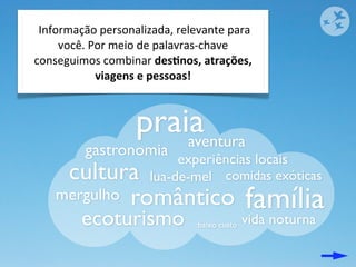  Informação	
  personalizada,	
  relevante	
  para	
  
        você.	
  Por	
  meio	
  de	
  palavras-­‐chave	
  
conseguimos	
  combinar	
  des9nos,	
  atrações,	
  
                  viagens	
  e	
  pessoas!



                          praia
                              aventura
             gastronomia
                                   experiências locais
      cultura                 lua-de-mel comidas exóticas
     mergulho romântico                                  família
            ecoturismo                     baixo custo   vida noturna
 