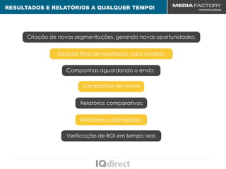 RESULTADOS E RELATÓRIOS A QUALQUER TEMPO!




      Criação de novas segmentações, gerando novas oportunidades;


                Exportar listas de resultados, para analises;


                   Campanhas aguardando o envio;

                          Campanhas em envio;


                         Relatórios comparativos;


                         Relatórios customizados;


                   Verificação de ROI em tempo real.
 