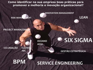 “Liderança em idéias, métodos e resultados em BPM no Brasil”
SIX SIGMA
LEAN
PROJECT MANAGEMENT
INNOVATION MANAGEMENT
CUSTEIO
ABC
RISK MANAGEMENT
SERVICE ENGINEERINGBPM
GESTÃO ESTRATÉGICA
CO‐CRIAÇÃO
Como identificar na sua empresa boas práticas para
promover a melhoria e inovação organizacional?
OCEANO
AZUL
 