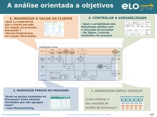 2º Seminário Internacional de BPM                                         ELO Group & Michael Rosemann © 2010 107
A análise orientada a objetivos
1. Search
for
repairer
25 min.
2. Book
repairs
5 min.
3. Drive to
facility
25 min.
4. Queue
& discuss
problem
1. Answer
call
2. Book
repairs
3. Check in
4. Car to
store
5. Fetch
car
6.
Diagnose
problem
7.
Estimate
8. Call
customer
6.
Authroize
= value = waste
Time:
Value-creating time:
Value/total time:
Consumer
210 min.
58 min.
28%
Car Repair Process: First Visit
Customer
4. Car to
store
Provide
Loaner
Customer
Service
Dept.
Repair
Shop
Garage
10 min. 10 min. 5 min.
5 min. 5 min.
10 min.
5 min. 5 min.
5 min.
Arrange
for Loaner
5 min.
20 min 10 min.
5 min.
Provider
220 min.
35 min.
16%
5. Wait for loaner
3. MAXIMIZAR O VALOR AO CLIENTE
•Qual é a experiência
que o cliente percebe
em relação ao processo
Executado ?
•Service Engineering,
Co-criação, Blue Ocean
1. ABORDAGEM AMPLA: CHECKLIST
Como otimizar o
Seu checklist de
Análise de processos?
4. CONTROLAR A VARIABILIDADE
• Qual a variabilidade dos
Resultados obtidos com
a execução do processo
• Six Sigma, Controle
Estatístico de processo
2. MINIMIZAR PERDAS NO PROCESSO
•Quais as perdas existentes no
Processos? Como eliminar
Atividades que não agregam
Valor?
• Lean Manufacturing,
 