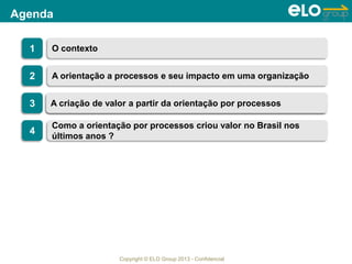 Copyright © ELO Group 2013 - Confidencial
Agenda
1 O contexto
3 A criação de valor e seu impacto em uma organização
2 A orientação a processos e seu impacto em uma organização
4
Como a orientação por processos criou valor no Brasil nos
últimos anos ?
A criação de valor a partir da orientação por processos
 