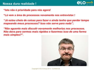 Copyright © ELO Group 2013 - Confidencial
Nossa dura realidade !
“Isto não é prioridade para nós agora!
“Lá vem a área de processos novamente nos entrevistar.!
“Já estou cheio de coisas para fazer e ainda tenho que perder tempo
mapeando meus processos? Isso não serve para nada”;
“Não aguento mais discutir novamente melhorias nos processos.
Não dava para sermos mais rápidos e fazermos isso de uma forma
mais simples?”.
 