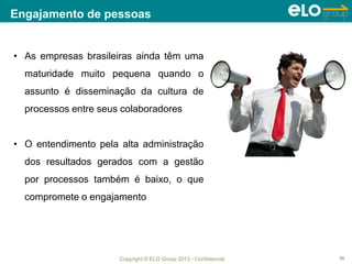 Copyright © ELO Group 2013 - Confidencial
Engajamento de pessoas
55
• As empresas brasileiras ainda têm uma
maturidade muito pequena quando o
assunto é disseminação da cultura de
processos entre seus colaboradores
• O entendimento pela alta administração
dos resultados gerados com a gestão
por processos também é baixo, o que
compromete o engajamento
 