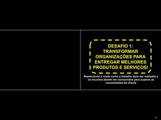 Copyright © ELO Group 2013 - Confidencial 63
DESAFIO 1:
TRANSFORMAR
ORGANIZAÇÕES PARA
ENTREGAR MELHORES
PRODUTOS E SERVIÇOS!
Reestruturar o modo como o trabalho deve ser realizado e
os recursos devem ser consumidos para superar as
necessidades do cliente
 