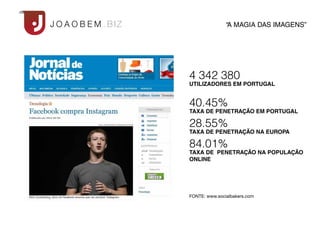 “A MAGIA DAS IMAGENS”




4 342 380
UTILIZADORES EM PORTUGAL


40.45%
TAXA DE PENETRAÇÃO EM PORTUGAL

28.55%
TAXA DE PENETRAÇÃO NA EUROPA

84.01%
TAXA DE PENETRAÇÃO NA POPULAÇÃO
ONLINE




FONTE: www.socialbakers.com
 