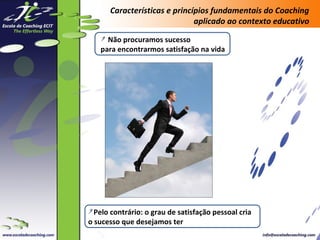 Características e princípios fundamentais do Coaching
aplicado ao contexto educativo
Não procuramos sucesso
para encontrarmos satisfação na vida

Pelo contrário: o grau de satisfação pessoal cria
0
o sucesso que desejamos ter

 