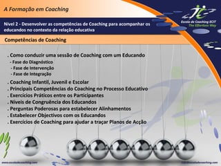 A Formação em Coaching
Nível 2 - Desenvolver as competências de Coaching para acompanhar os
educandos no contexto da relação educativa

Competências de Coaching
. Como conduzir uma sessão de Coaching com um Educando
- Fase do Diagnóstico
- Fase de Intervenção
- Fase de Integração

. Coaching Infantil, Juvenil e Escolar
. Principais Competências do Coaching no Processo Educativo
. Exercícios Práticos entre os Participantes
. Níveis de Congruência dos Educandos
. Perguntas Poderosas para estabelecer Alinhamentos
. Estabelecer Objectivos com os Educandos
. Exercícios de Coaching para ajudar a traçar Planos de Acção

 