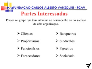 Partes Interessadas Pessoa ou grupo que tem interesse no desempenho ou no sucesso de uma organização. Banqueiros Sindicatos Parceiros Sociedade   Clientes Proprietários Funcionários Fornecedores 