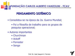 Prof. Dr. José Joaquim A  Ferreira PENSAMENTO SISTÊMICO Consolidou-se na época da 2a. Guerra Mundial; Foi a filosofia de trabalho para os grupos de pesquisa operacional;  Autores importantes Churchman Ackoff Forrester Senge 