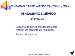 Prof. Dr. José Joaquim A  Ferreira PENSAMENTO SISTÊMICO SISTEMAS Conjunto de partes coordenadas para realizar um conjunto de finalidades. Por ex.: Um animal. 