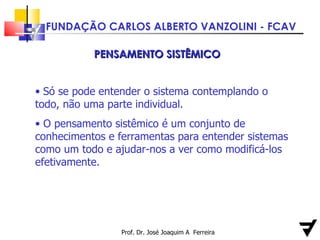 Prof. Dr. José Joaquim A  Ferreira PENSAMENTO SISTÊMICO Só se pode entender o sistema contemplando o todo, não uma parte individual. O pensamento sistêmico é  um conjunto de conhecimentos e ferramentas para entender sistemas como um todo e ajudar-nos a ver como modificá-los efetivamente. 