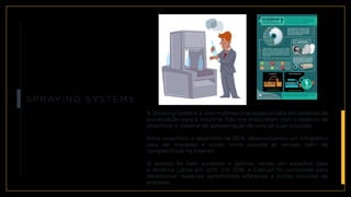 S p r ay i n g S y s t e m s
A Spraying Systems é uma multinacional especializada em sistemas de
pulverização para a indústria. Eles nos procuraram com o objetivo de
simplificar o material de apresentação de uma de suas soluções.
Entre novembro e dezembro de 2014, desenvolvemos um infográfico
para ser impresso e usado como suporte às vendas, além de
compartilhado na Internet.
O projeto foi bem sucedido e ganhou versão em espanhol para
a América Latina em 2015. Em 2016, a Cabrun! foi contratada para
desenvolver materiais semelhantes referentes a outras soluções da
empresa.
 