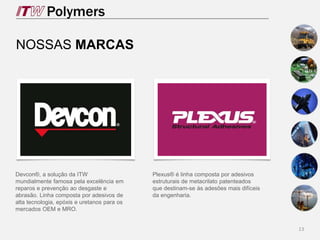 13
NOSSAS MARCAS
Devcon®, a solução da ITW
mundialmente famosa pela excelência em
reparos e prevenção ao desgaste e
abrasão. Linha composta por adesivos de
alta tecnologia, epóxis e uretanos para os
mercados OEM e MRO.
Plexus® é linha composta por adesivos
estruturais de metacrilato patenteados
que destinam-se às adesões mais difíceis
da engenharia.
 