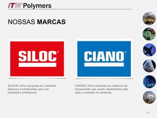 14
NOSSAS MARCAS
SILOC®, linha composta por vedantes,
adesivos e lubrificantes para uso
industrial e profissional.
CIANO®, linha composta por adesivos de
cianoacrilato que curam rapidamente pela
ação a umidade no ambiente.
 