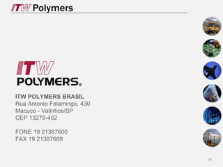 16
ITW POLYMERS BRASIL
Rua Antonio Felamingo, 430
Macuco - Valinhos/SP
CEP 13279-452
FONE 19 21387600
FAX 19 21387689
 