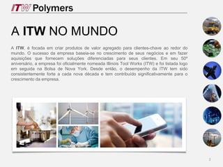 A ITW NO MUNDO
A ITW, é focada em criar produtos de valor agregado para clientes-chave ao redor do
mundo. O sucesso da empresa baseia-se no crescimento de seus negócios e em fazer
aquisições que fornecem soluções diferenciadas para seus clientes. Em seu 50º
aniversário, a empresa foi oficialmente nomeada Illinois Tool Works (ITW) e foi listada logo
em seguida na Bolsa de Nova York. Desde então, o desempenho da ITW tem sido
consistentemente forte a cada nova década e tem contribuído significativamente para o
crescimento da empresa.
2
 