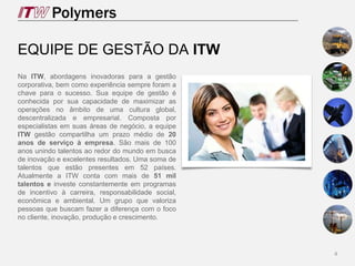EQUIPE DE GESTÃO DA ITW
Na ITW, abordagens inovadoras para a gestão
corporativa, bem como experiência sempre foram a
chave para o sucesso. Sua equipe de gestão é
conhecida por sua capacidade de maximizar as
operações no âmbito de uma cultura global,
descentralizada e empresarial. Composta por
especialistas em suas áreas de negócio, a equipe
ITW gestão compartilha um prazo médio de 20
anos de serviço à empresa. São mais de 100
anos unindo talentos ao redor do mundo em busca
de inovação e excelentes resultados. Uma soma de
talentos que estão presentes em 52 países.
Atualmente a ITW conta com mais de 51 mil
talentos e investe constantemente em programas
de incentivo à carreira, responsabilidade social,
econômica e ambiental. Um grupo que valoriza
pessoas que buscam fazer a diferença com o foco
no cliente, inovação, produção e crescimento.
4
 