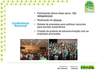 Ministério da
Educação
Ministério do
Meio Ambiente
Conferência
Nacional
• Participarão dessa etapa aprox. 700
delegados(as)
• Realização de oficinas
• Debate de propostas para políticas nacionais
para escolas sustentáveis
• Criação de produto de educomunicação com as
propostas priorizadas
 