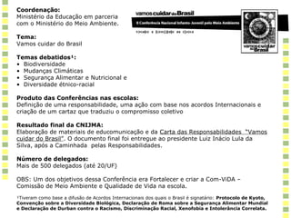 Coordenação:
Ministério da Educação em parceria
com o Ministério do Meio Ambiente.
Tema:
Vamos cuidar do Brasil
Temas debatidos¹:
• Biodiversidade
• Mudanças Climáticas
• Segurança Alimentar e Nutricional e
• Diversidade étnico-racial
Produto das Conferências nas escolas:
Definição de uma responsabilidade, uma ação com base nos acordos Internacionais e
criação de um cartaz que traduziu o compromisso coletivo
Resultado final da CNIJMA:
Elaboração de materiais de educomunicação e da Carta das Responsabilidades “Vamos
cuidar do Brasil”. O documento final foi entregue ao presidente Luiz Inácio Lula da
Silva, após a Caminhada pelas Responsabilidades.
Número de delegados:
Mais de 500 delegados (até 20/UF)
OBS: Um dos objetivos dessa Conferência era Fortalecer e criar a Com-ViDA –
Comissão de Meio Ambiente e Qualidade de Vida na escola.
¹Tiveram como base a difusão de Acordos Internacionais dos quais o Brasil é signatário: Protocolo de Kyoto,
Convenção sobre a Diversidade Biológica, Declaração de Roma sobre a Segurança Alimentar Mundial
e Declaração de Durban contra o Racismo, Discriminação Racial, Xenofobia e Intolerância Correlata.
 