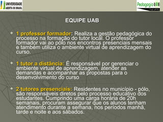 EQUIPE UABEQUIPE UAB
 1 professor formador1 professor formador:: Realiza a gestão pedagógica do
processo na formação do tutor local. O professor
formador vai ao pólo nos encontros presenciais mensais
e também utiliza o ambiente virtual de aprendizagem do
curso.
 1 tutor a distância:1 tutor a distância: É responsável por gerenciar o
ambiente virtual de aprendizagem, atender as
demandas e acompanhar as propostas para o
desenvolvimento do curso
 2 tutores presenciais:2 tutores presenciais: Residentes no município - pólo,
são responsáveis diretos pelo processo educativo dos
estudantes. Cumprindo uma carga horária de 20h
semanais, procuram assegurar que os alunos tenham
atendimento durante a semana, nos períodos manhã,
tarde e noite e aos sábados.
 