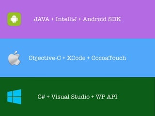 JAVA + IntelliJ + Android SDK
Objective-C + XCode + CocoaTouch
C# + Visual Studio + WP API
 