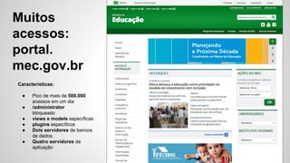 Muitos 
acessos: 
portal. 
mec.gov.br 
Características: 
● Pico de mais de 500.000 
acessos em um dia 
● /administrator 
bloqueado 
● views e models específicas 
● plugins específicos 
● Dois servidores de bancos 
de dados 
● Quatro servidores de 
aplicação 
 