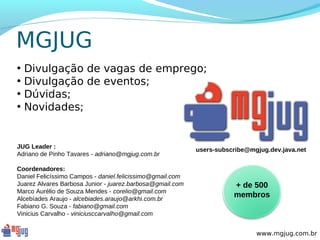 MGJUG
•   Divulgação de vagas de emprego;
•   Divulgação de eventos;
•   Dúvidas;
•   Novidades;


JUG Leader :
                                                           users-subscribe@mgjug.dev.java.net
Adriano de Pinho Tavares - adriano@mgjug.com.br

Coordenadores:
Daniel Felicíssimo Campos - daniel.felicissimo@gmail.com
Juarez Alvares Barbosa Junior - juarez.barbosa@gmail.com              + de 500
Marco Aurélio de Souza Mendes - corelio@gmail.com
Alcebíades Araujo - alcebiades.araujo@arkhi.com.br
                                                                      membros
Fabiano G. Souza - fabiano@gmail.com
Vinicius Carvalho - viniciusccarvalho@gmail.com


                                                                             www.mgjug.com.br
 