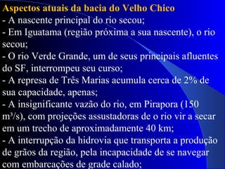 Aspectos atuais da bacia do Velho Chico
- A nascente principal do rio secou;
- Em Iguatama (região próxima a sua nascente), o rio
secou;
- O rio Verde Grande, um de seus principais afluentes
do SF, interrompeu seu curso;
- A represa de Três Marias acumula cerca de 2% de
sua capacidade, apenas;
- A insignificante vazão do rio, em Pirapora (150
m³/s), com projeções assustadoras de o rio vir a secar
em um trecho de aproximadamente 40 km;
- A interrupção da hidrovia que transporta a produção
de grãos da região, pela incapacidade de se navegar
com embarcações de grade calado;
 