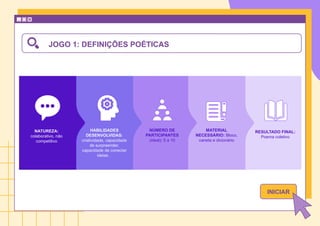 NATUREZA:
colaborativo, não
competitivo
NÚMERO DE
PARTICIPANTES
(ideal): 5 a 10
MATERIAL
NECESSÁRIO: Bloco,
caneta e dicionário
HABILIDADES
DESENVOLVIDAS:
criatividade, capacidade
de surpreender,
capacidade de conectar
ideias.
JOGO 1: DEFINIÇÕES POÉTICAS
RESULTADO FINAL:
Poema coletivo
INICIAR
 