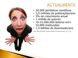 • 24.000 periódicos científicos
• 1,5 milhões de publicações/ano
• 3% de crescimento anual
• 1 milhão de autores
• 10-15.000.000 leitores em>
10.000 instituições
• 1,5 bilhões de downloads/ano
Fonte: Mabe MA (2009): Scholarly Publishing. European Review 17(1): 3-22
 
