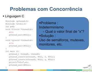 Problemas com Concorrência
#include <pthread.h>
#include <stdio.h>
int x=0;
void *f(void *threadid){
x++;
pthread_exit(NULL);
}
void *g(void *threadid){
x--;
pthread_exit(NULL);
}
int main (){
pthread_t thread1, thread2;
pthread_create(&thread1, NULL, f, NULL);
pthread_create(&thread2, NULL, g, NULL);
printf("%dn",x);
pthread_exit(NULL);
}
 Linguagem C
Problema :
Indeterminismo
- Qual o valor final de “x”?
Solução :
Uso de semáforos, mutexes,
monitores, etc.
 