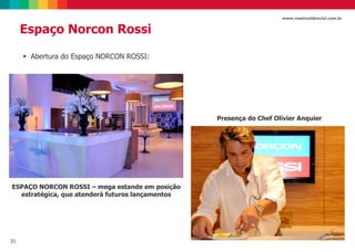 31
www.rossiresidencial.com.br
ESPAÇO NORCON ROSSI – mega estande em posição
estratégica, que atenderá futuros lançamentos
Presença do Chef Olivier Anquier
 Abertura do Espaço NORCON ROSSI:
Espaço Norcon Rossi
 