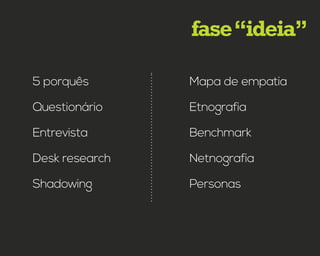 fase“ideia”
5 porquês
Questionário
Entrevista
Desk research
Shadowing
Mapa de empatia
Etnografia
Benchmark
Netnografia
Personas
 