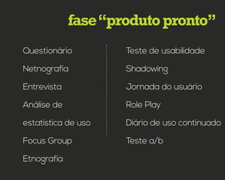 fase“produtopronto”
Questionário
Netnografia
Entrevista
Análise de
estatística de uso
Focus Group
Etnografia
Teste de usabilidade
Shadowing
Jornada do usuário
Role Play
Diário de uso continuado
Teste a/b
 