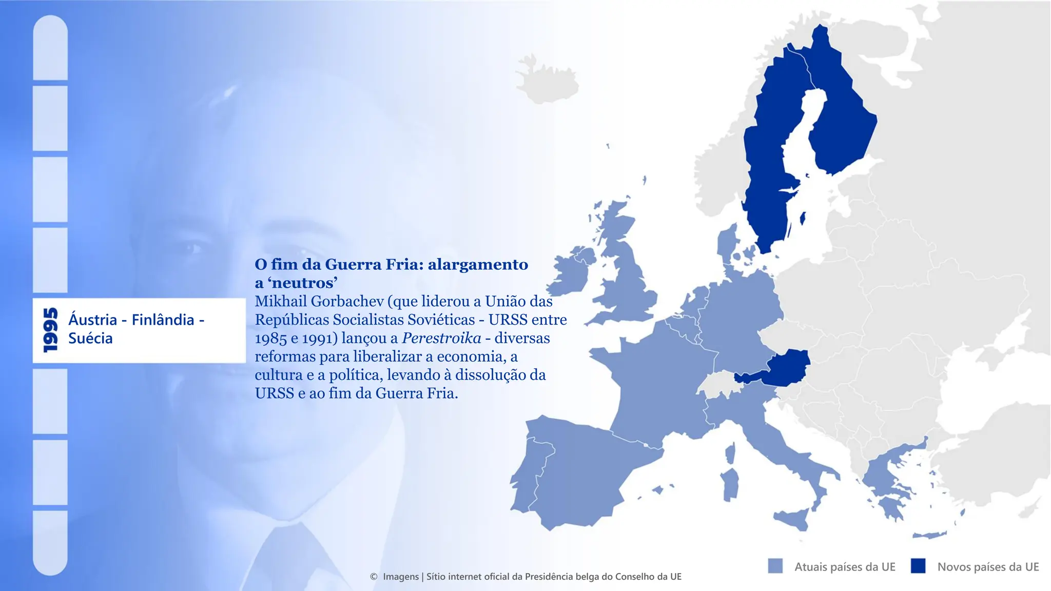 Áustria - Finlândia -
Suécia
Atuais países da UE Novos países da UE
O fim da Guerra Fria: alargamento
a ‘neutros’
Mikhail Gorbachev (que liderou a União das
Repúblicas Socialistas Soviéticas - URSS entre
1985 e 1991) lançou a Perestroika - diversas
reformas para liberalizar a economia, a
cultura e a política, levando à dissolução da
URSS e ao fim da Guerra Fria.
© Imagens | Sítio internet oficial da Presidência belga do Conselho da UE
 