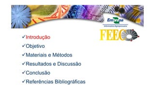 Introdução
Objetivo
Materiais e Métodos
Resultados e Discussão
Conclusão
Referências Bibliográficas
 