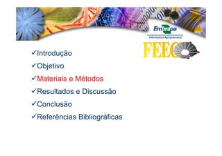 Introdução
Objetivo
Materiais e Métodos
Resultados e Discussão
Conclusão
Referências Bibliográficas
 