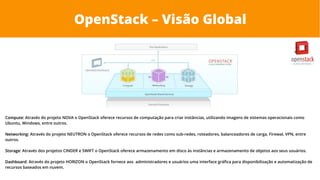 OpenStack – Visão Global
ComputeCompute: Através do projeto NOVA o OpenStack oferece recursos de computação para criar instâncias, utilizando imagens de sistemas operacionais como
Ubuntu, Windows, entre outros.
NetworkingNetworking: Através do projeto NEUTRON o OpenStack oferece recursos de redes como sub-redes, roteadores, balanceadores de carga, Firewal, VPN, entre
outros.
StorageStorage: Através dos projetos CINDER e SWIFT o OpenStack oferece armazenamento em disco às instâncias e armazenamento de objetos aos seus usuários.
DashboardDashboard: Através do projeto HORIZON o OpenStack fornece aos administradores e usuários uma interface gráfica para disponibilização e automatização de
recursos baseados em nuvem.
 