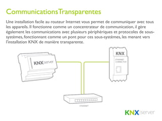 CommunicationsTransparentes
Une installation facile au routeur Internet vous permet de communiquer avec tous
les appareils. Il fonctionne comme un concentrateur de communication, il gère
également les communications avec plusieurs périphériques et protocoles de sous-
systèmes, fonctionnant comme un pont pour ces sous-systèmes, les menant vers
l'installation KNX de manière transparente.
 