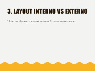 3. LAYOUT INTERNO VS EXTERNO
• Interno: elementos e áreas internas. Externo: acessos e cais.
 