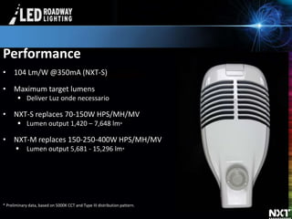 © LED Roadway Lighting Ltd. - 2010
Performance
• 104 Lm/W @350mA (NXT-S)
• Maximum target lumens
 Deliver Luz onde necessario
• NXT-S replaces 70-150W HPS/MH/MV
 Lumen output 1,420 – 7,648 lm*
• NXT-M replaces 150-250-400W HPS/MH/MV
 Lumen output 5,681 - 15,296 lm*
* Preliminary data, based on 5000K CCT and Type III distribution pattern.
 